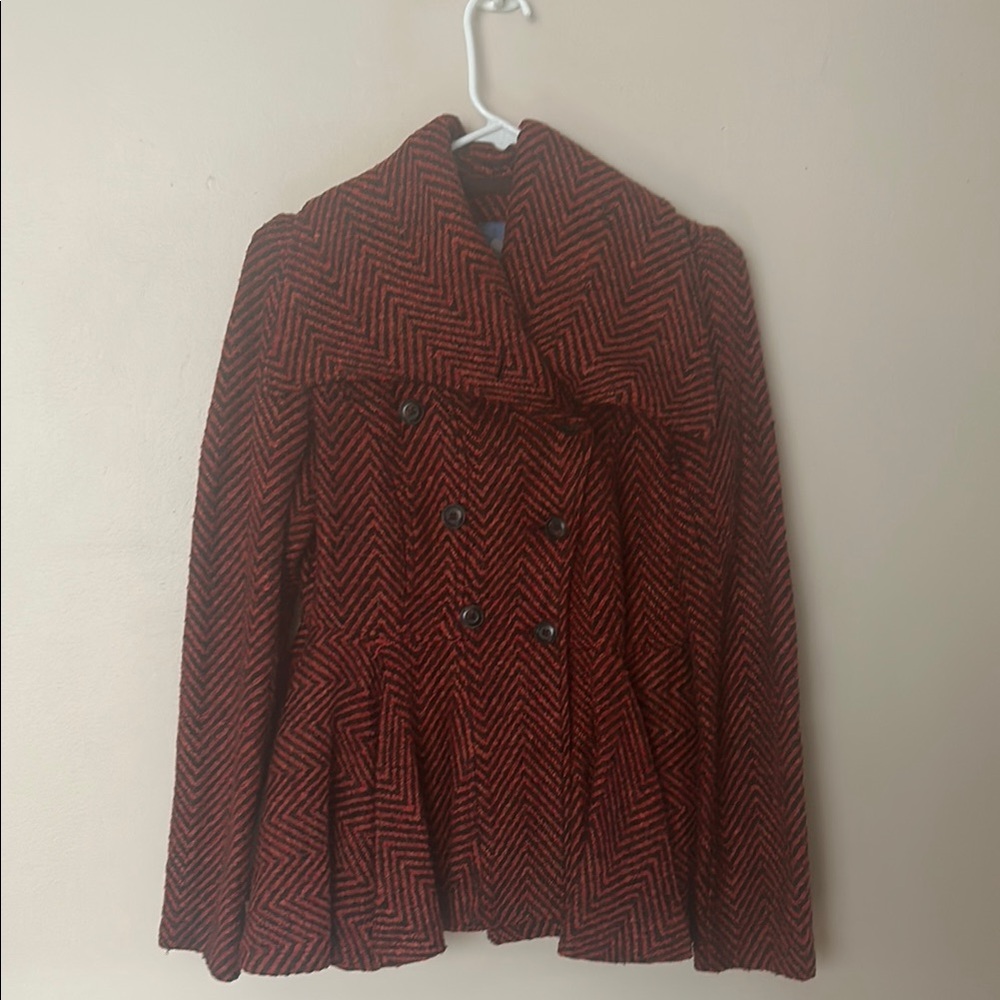 Free People Red and Black Pea Coat with Collared Neckline